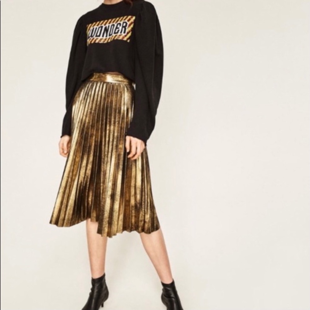 Zara Gold Pleated Midi Skirt